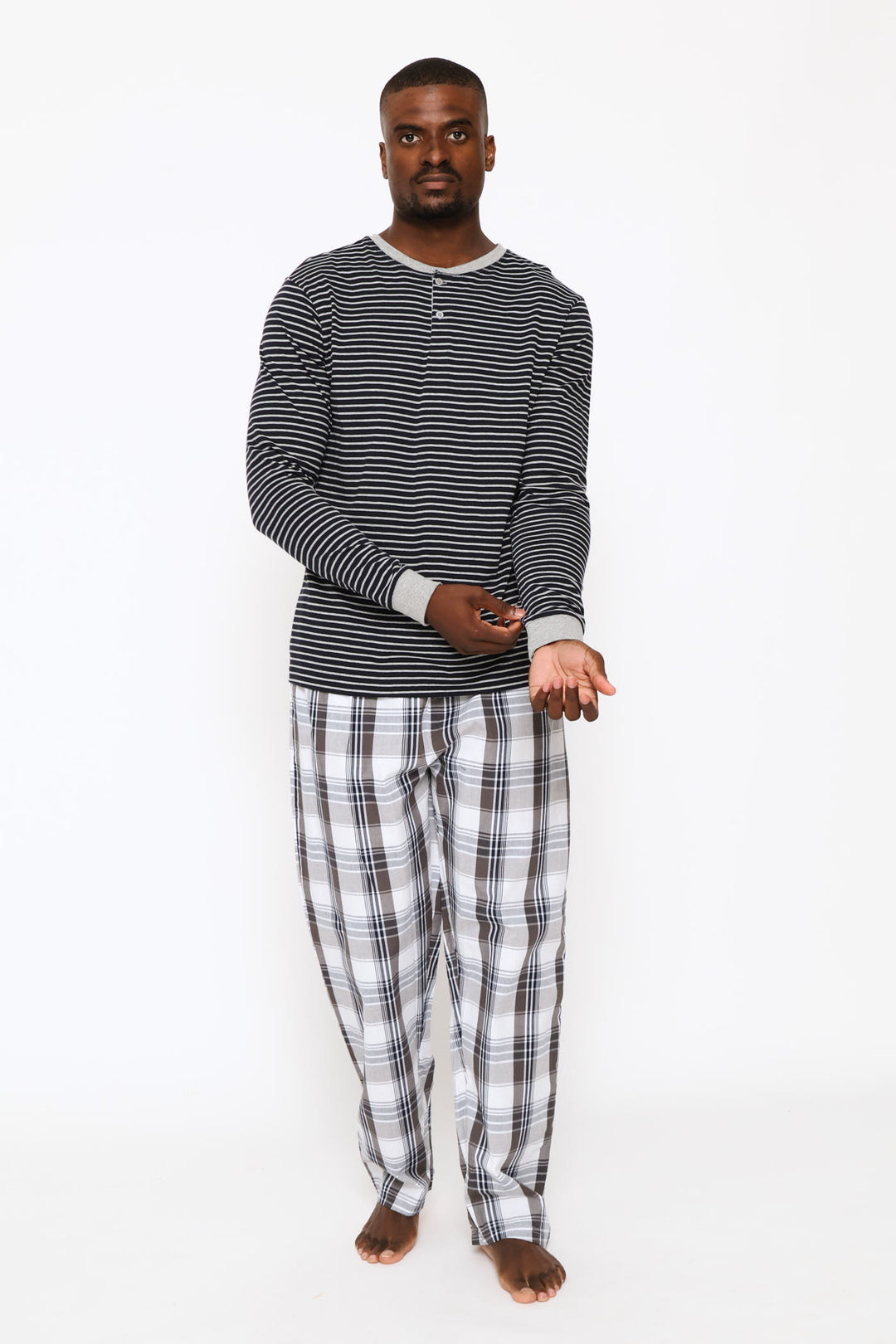 Long Sleeve Stripe Henley Shirt - Navy/Grey