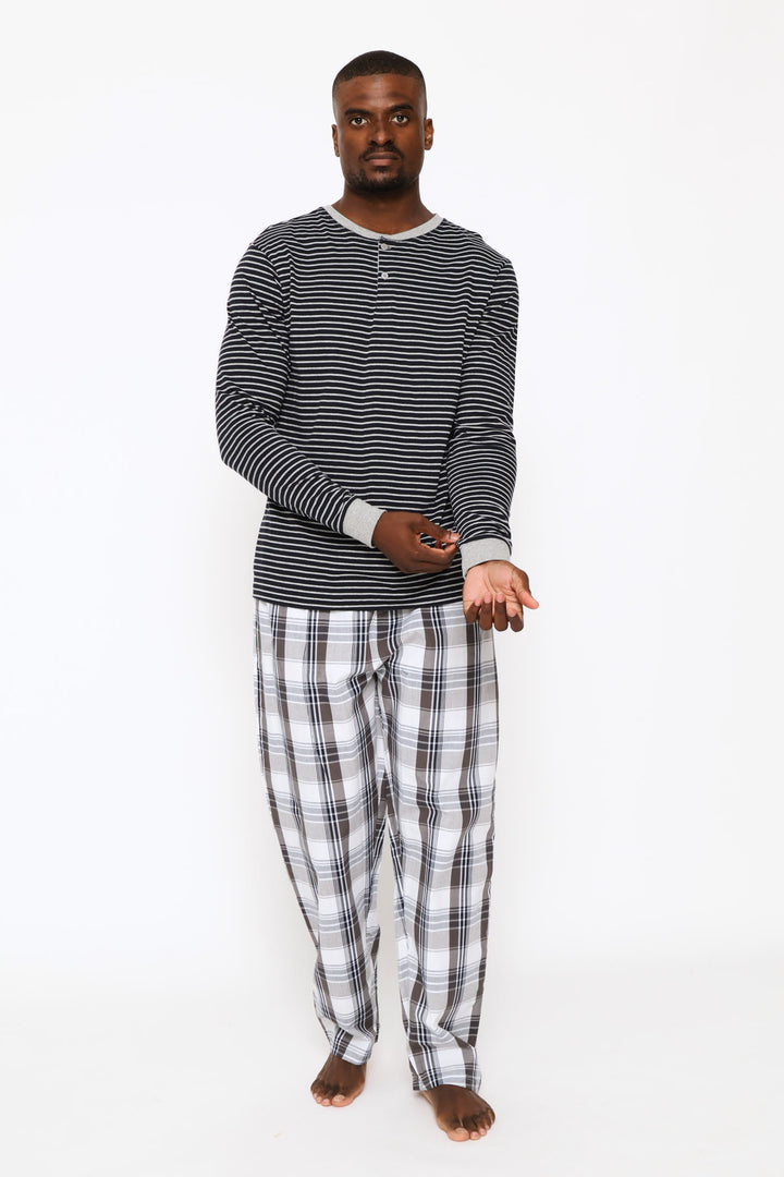 Long Sleeve Stripe Henley Shirt - Navy/Grey