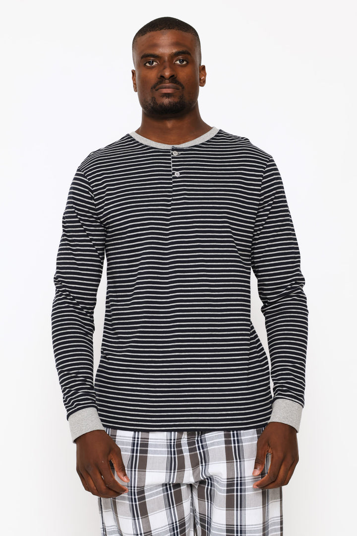 Long Sleeve Stripe Henley Shirt - Navy/Grey