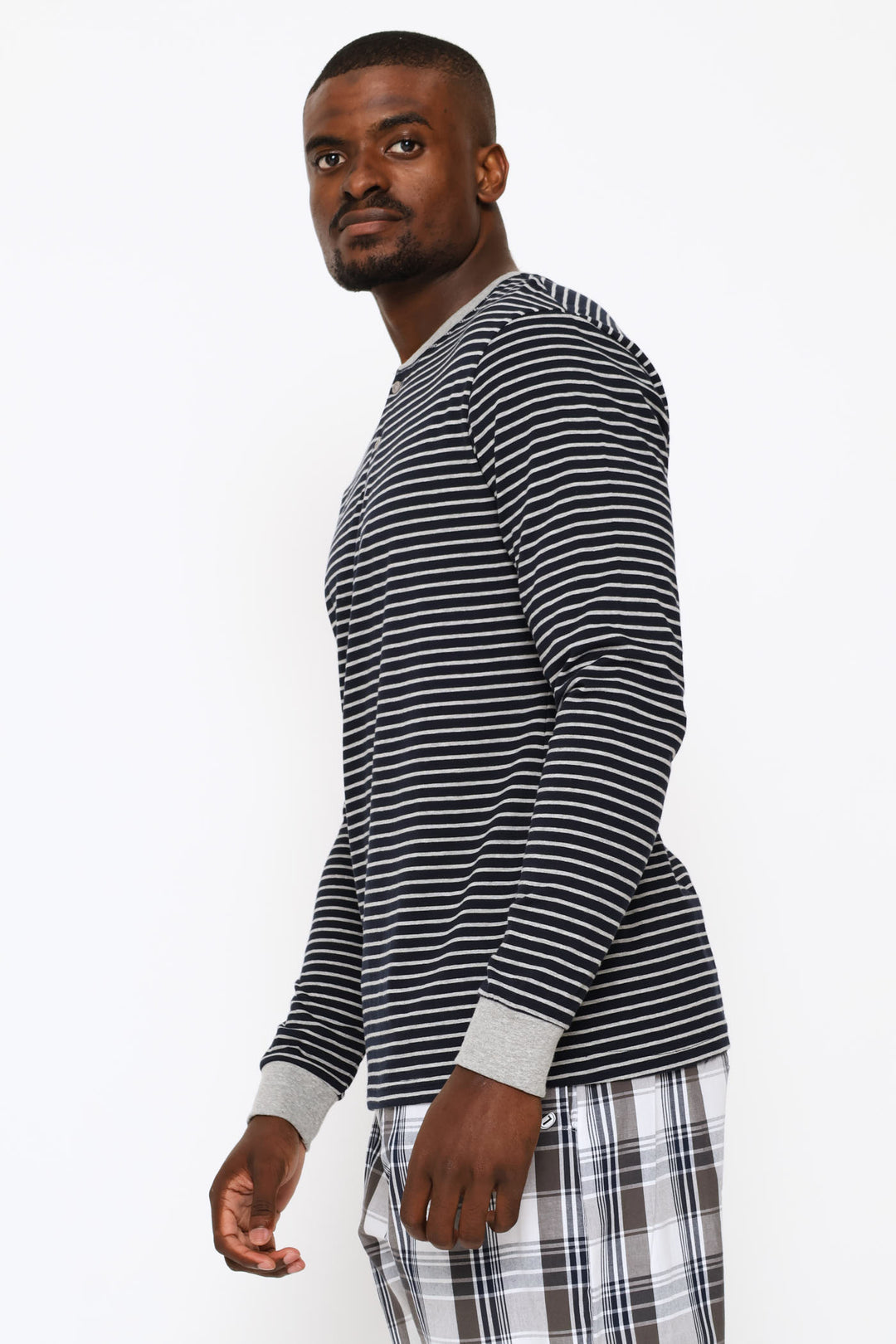 Long Sleeve Stripe Henley Shirt - Navy/Grey