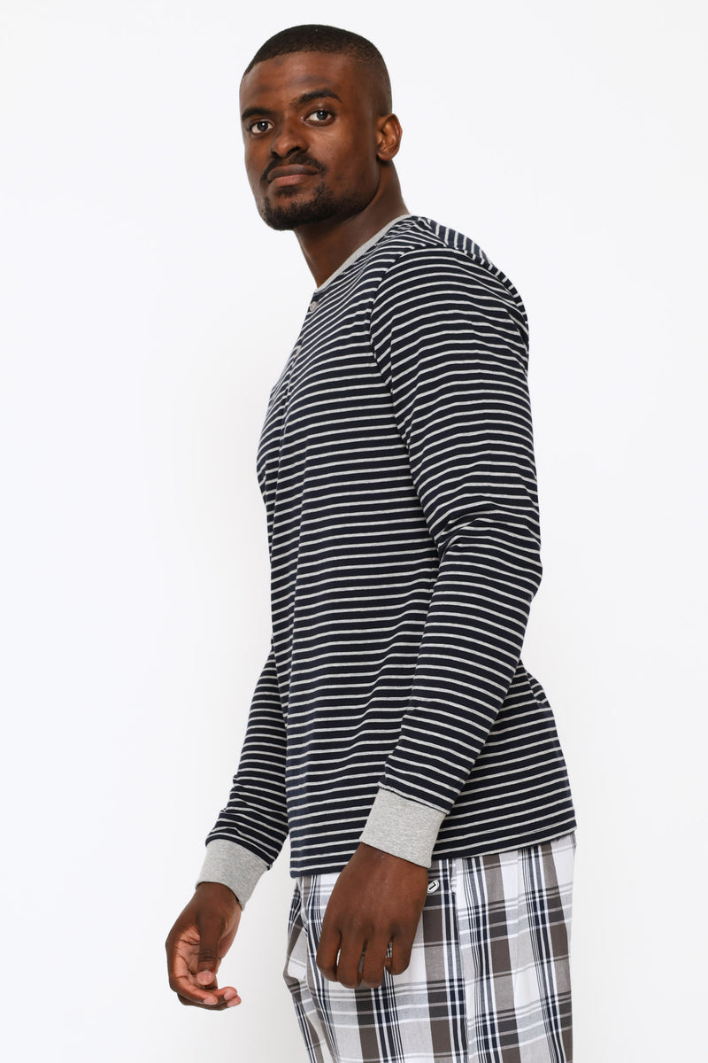 Long Sleeve Stripe Henley Shirt - Navy/Grey