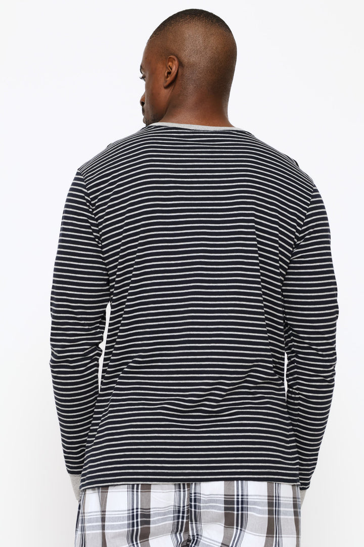Long Sleeve Stripe Henley Shirt - Navy/Grey