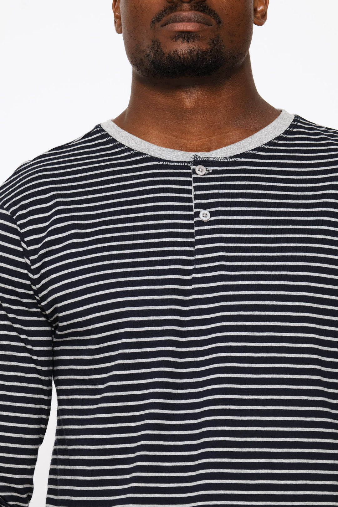 Long Sleeve Stripe Henley Shirt - Navy/Grey