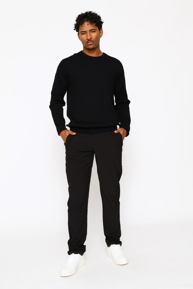 Cable Weave Long Sleeve Knit Tee - Black