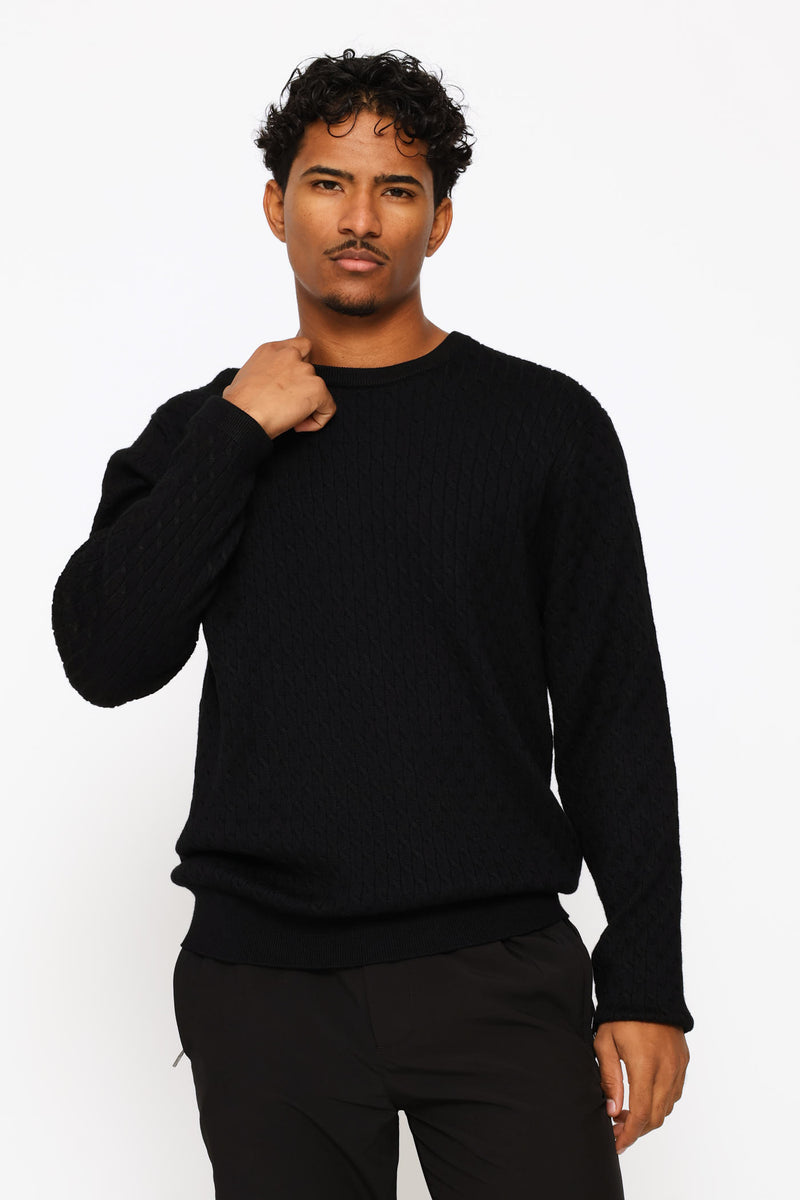 Cable Weave Long Sleeve Knit Tee - Black