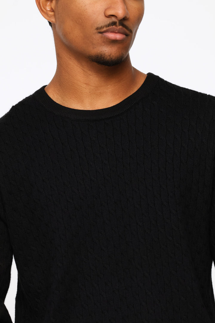 Cable Weave Long Sleeve Knit Tee - Black