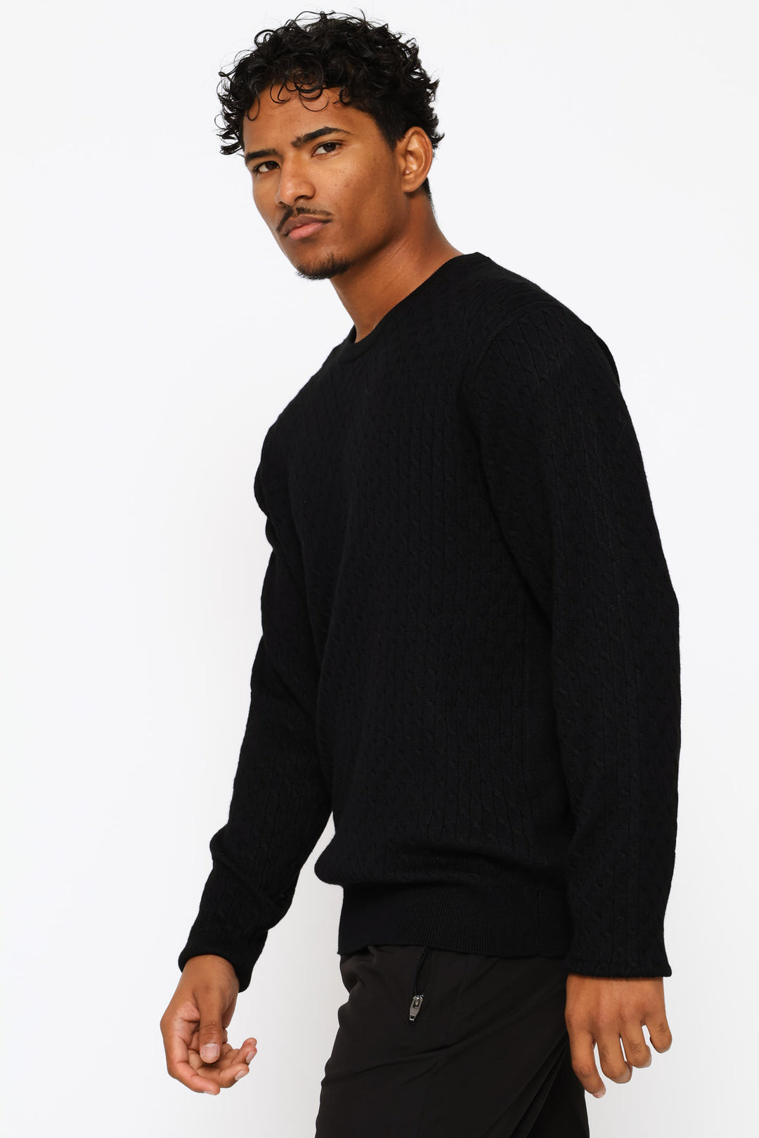 Cable Weave Long Sleeve Knit Tee - Black
