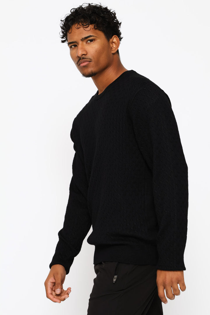 Cable Weave Long Sleeve Knit Tee - Black