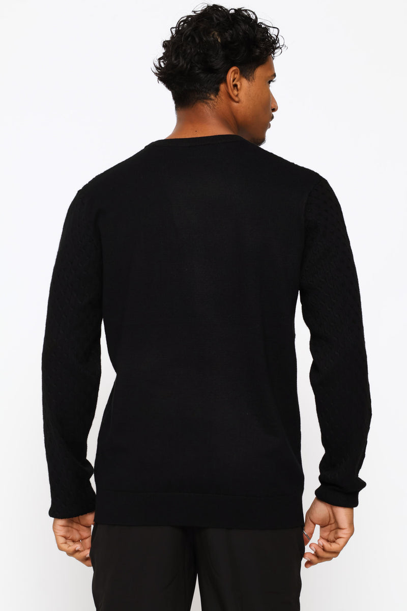 Cable Weave Long Sleeve Knit Tee - Black