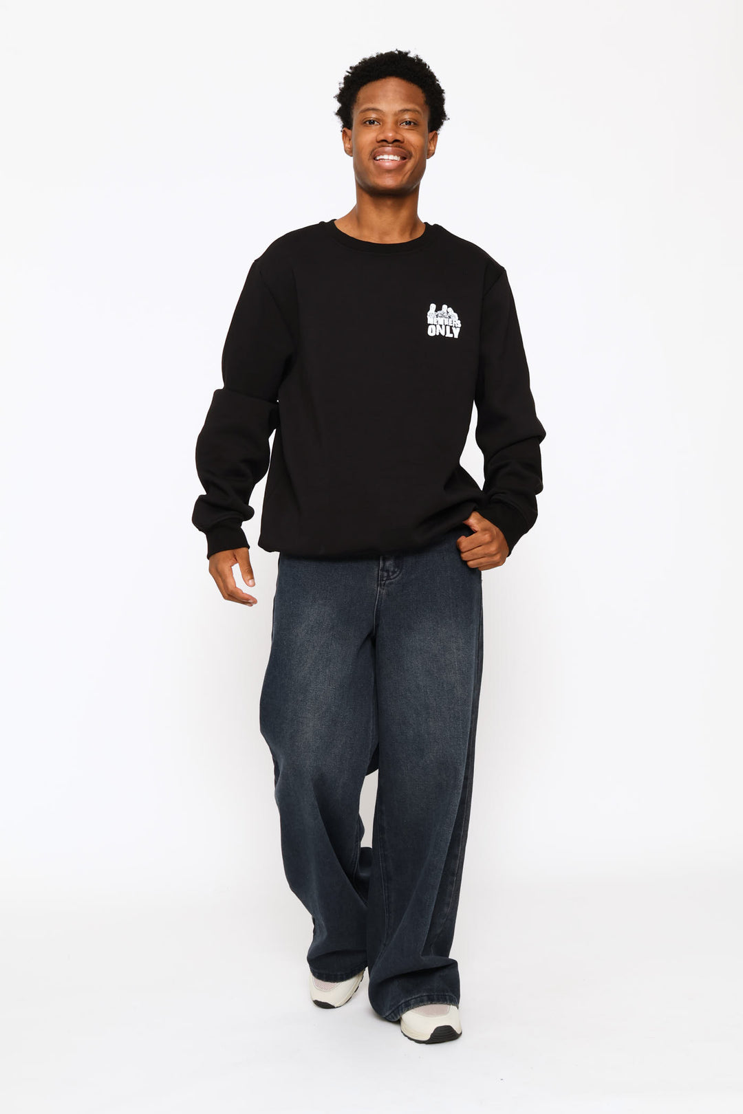Printed Fleece Crew Top - Black
