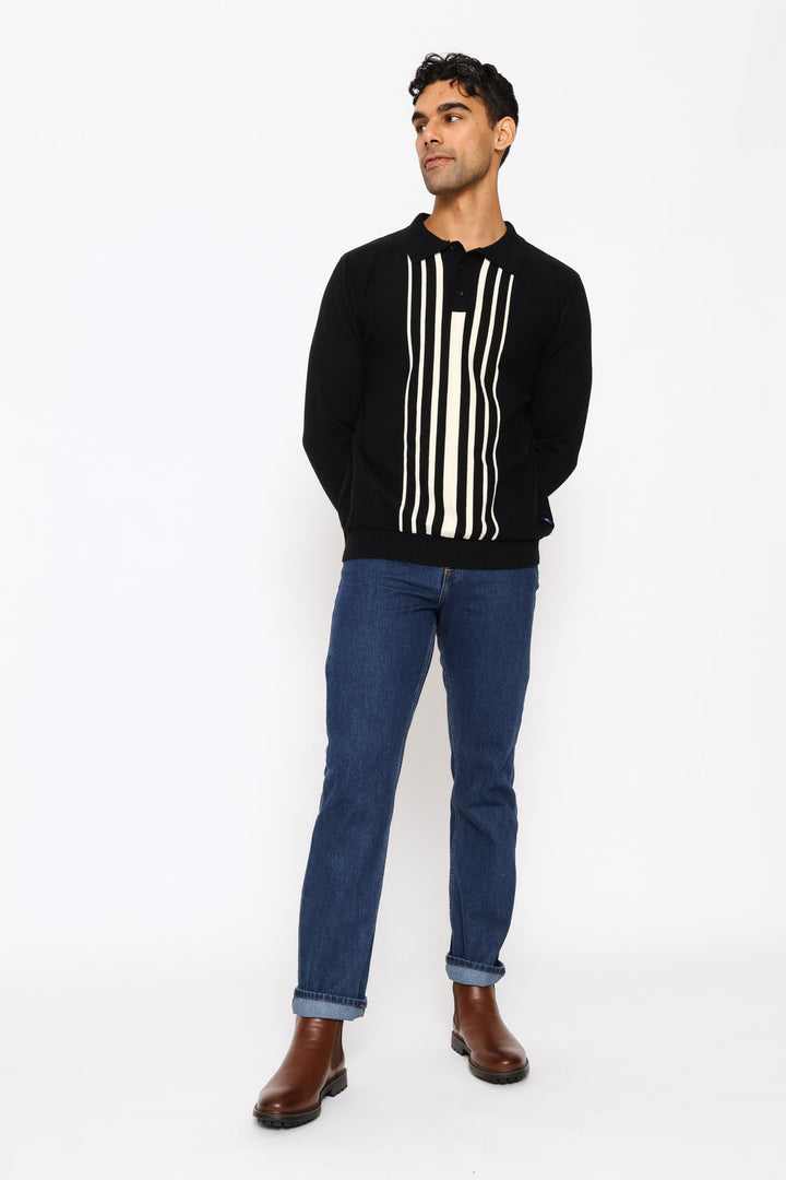 Panel Stripe Guage Polo Knitwear - Black