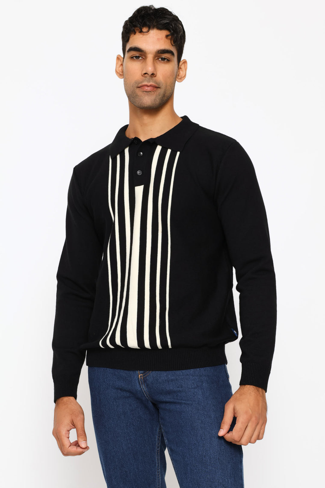 Panel Stripe Guage Polo Knitwear - Black