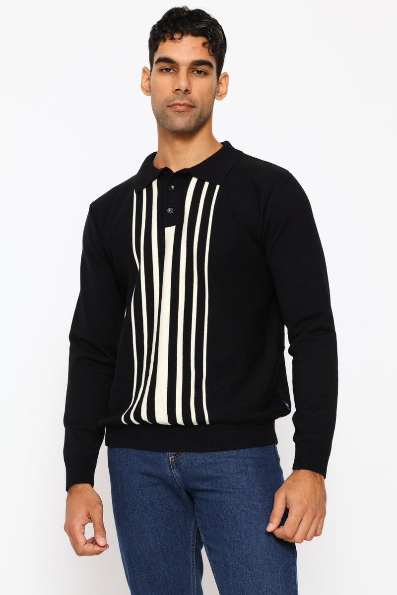 Panel Stripe Guage Polo Knitwear - Black