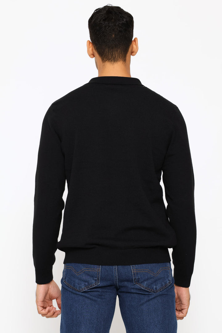 Panel Stripe Guage Polo Knitwear - Black