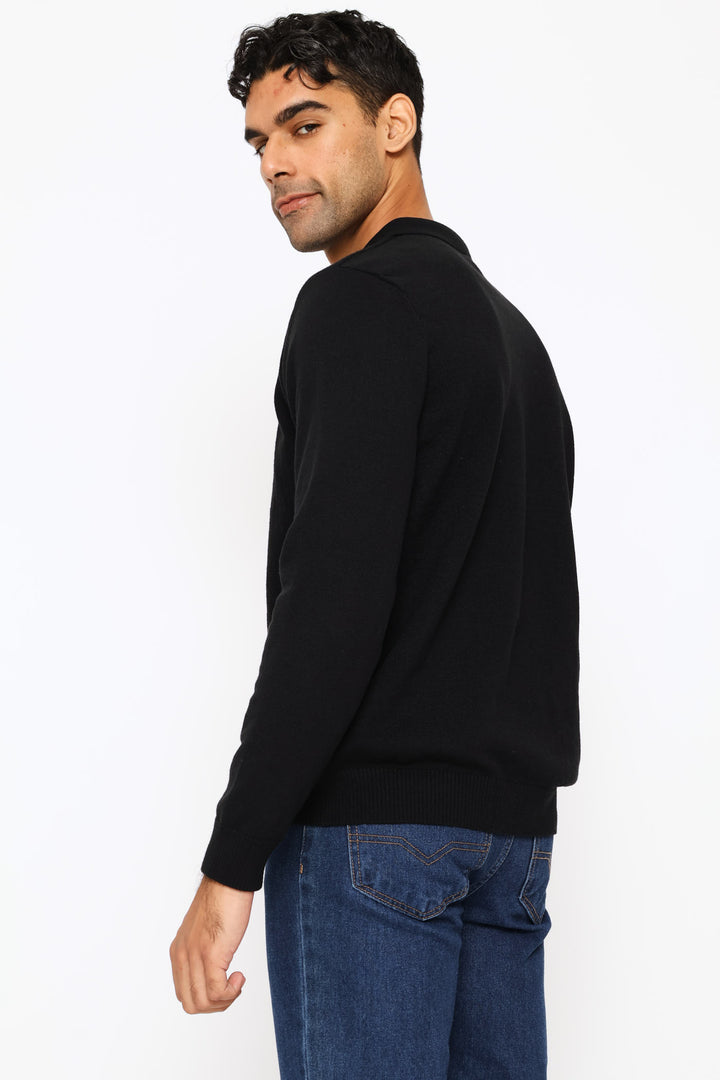 Panel Stripe Guage Polo Knitwear - Black