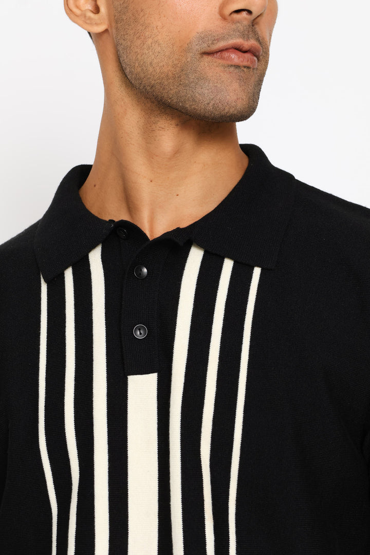 Panel Stripe Guage Polo Knitwear - Black