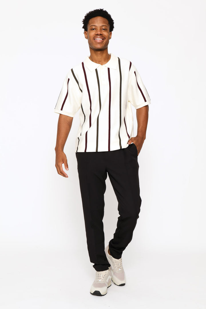 Multicolour Stripe Fine Knit Golfer - Ecru