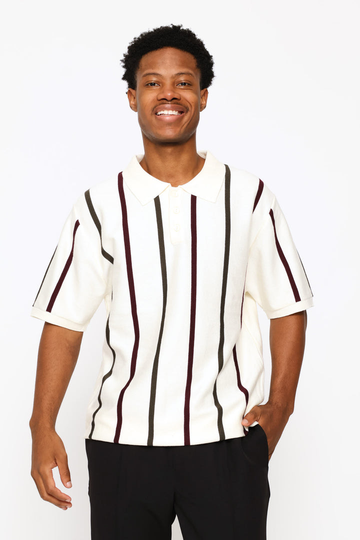 Multicolour Stripe Fine Knit Golfer - Ecru