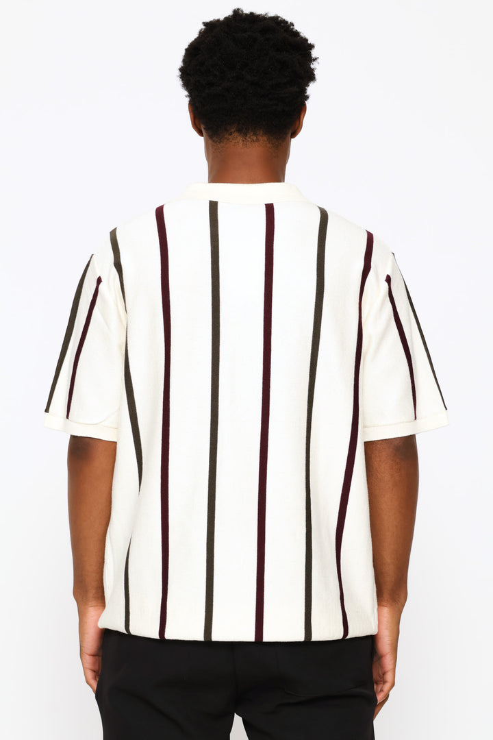 Multicolour Stripe Fine Knit Golfer - Ecru