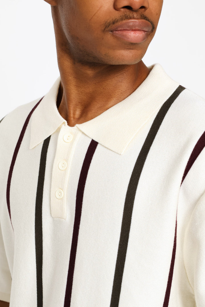 Multicolour Stripe Fine Knit Golfer - Ecru