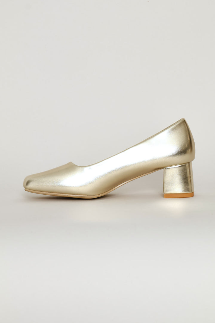 Crinkle Pu Sqaure Toe Court Heel - Gold