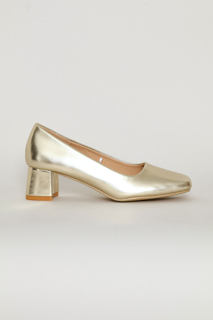 Crinkle Pu Sqaure Toe Court Heel - Gold