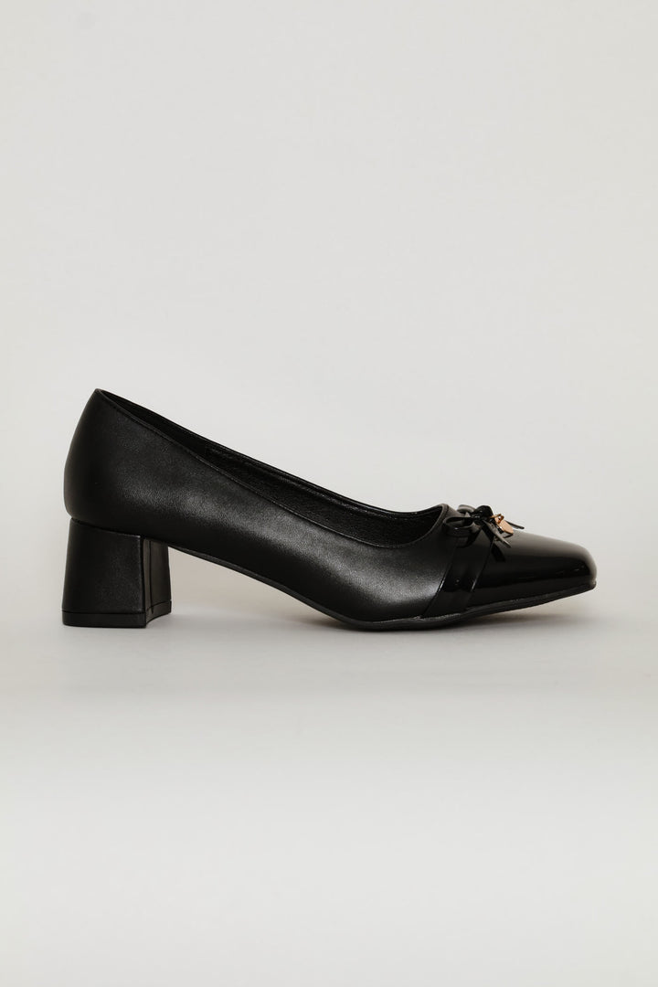 Bow & Metal Trim Square Toe Court Heel - Black