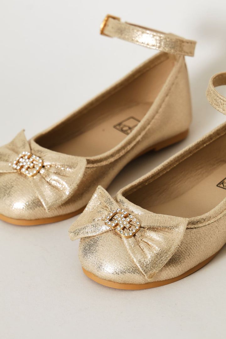 Pre-Girls Bow Detail Ankle Strap Pump - Gold