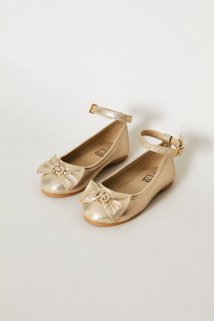 Pre-Girls Bow Detail Ankle Strap Pump - Gold