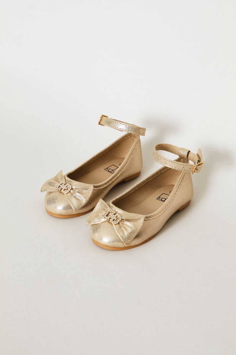 Pre-Girls Bow Detail Ankle Strap Pump - Gold