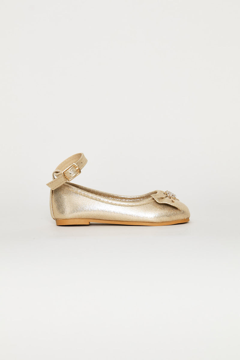 Pre-Girls Bow Detail Ankle Strap Pump - Gold