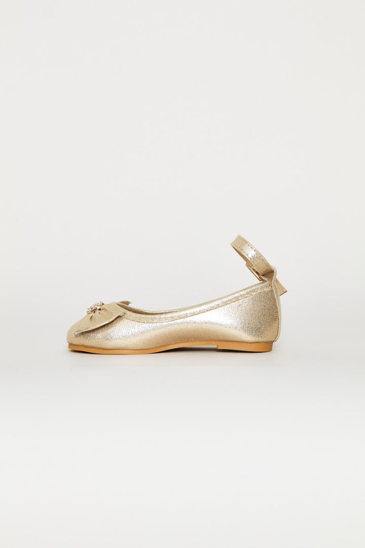 Pre-Girls Bow Detail Ankle Strap Pump - Gold
