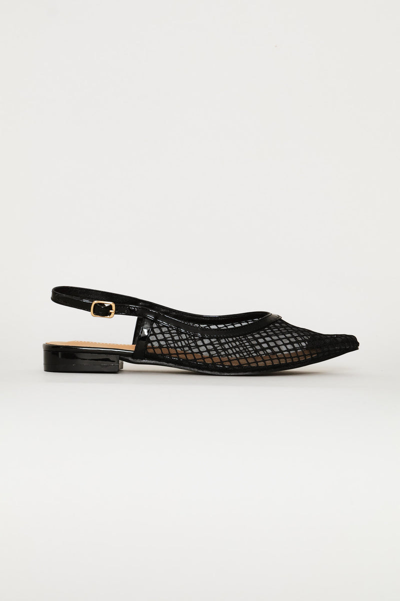 V Cut Mesh Pointy Slingback - Black