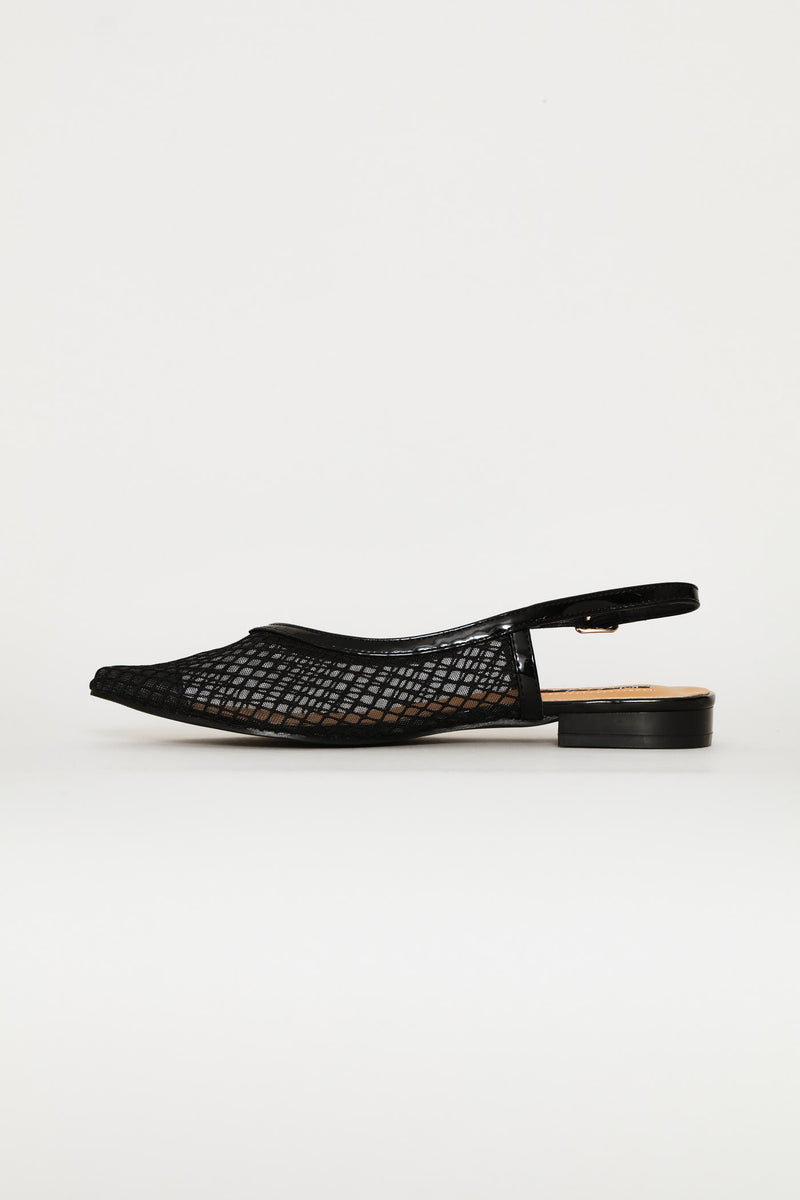 V Cut Mesh Pointy Slingback - Black