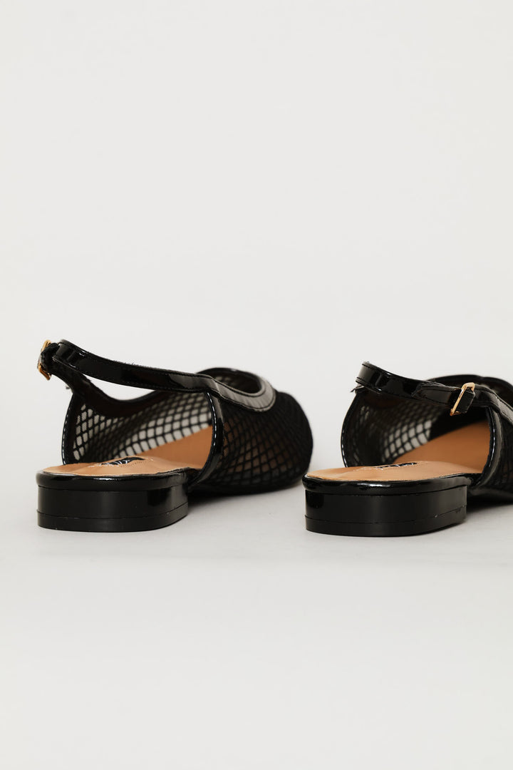 V Cut Mesh Pointy Slingback - Black