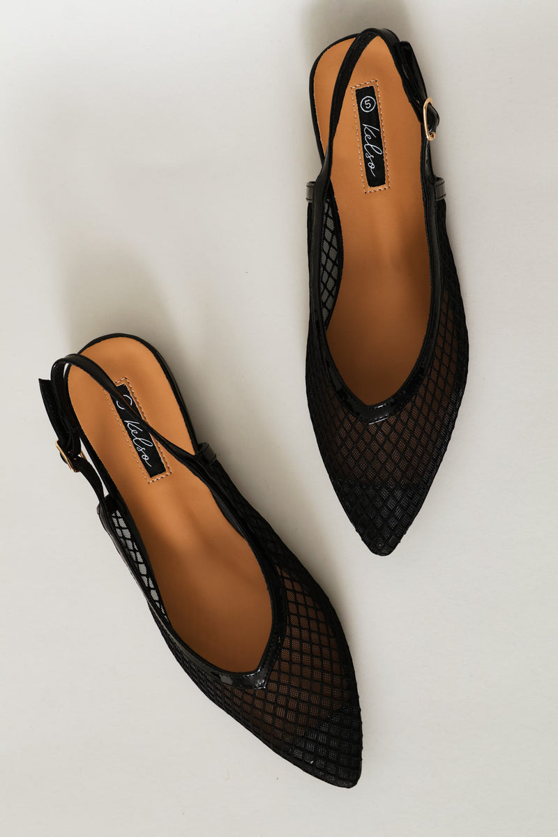 V Cut Mesh Pointy Slingback - Black