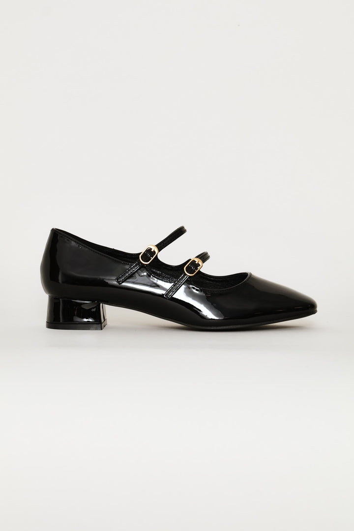 Double Strap Block Heeel Pump - Black