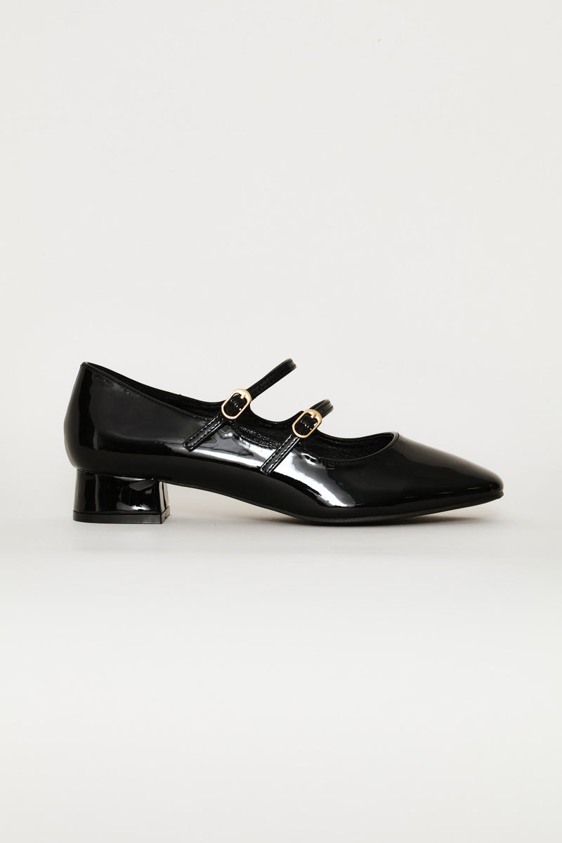 Double Strap Block Heeel Pump - Black