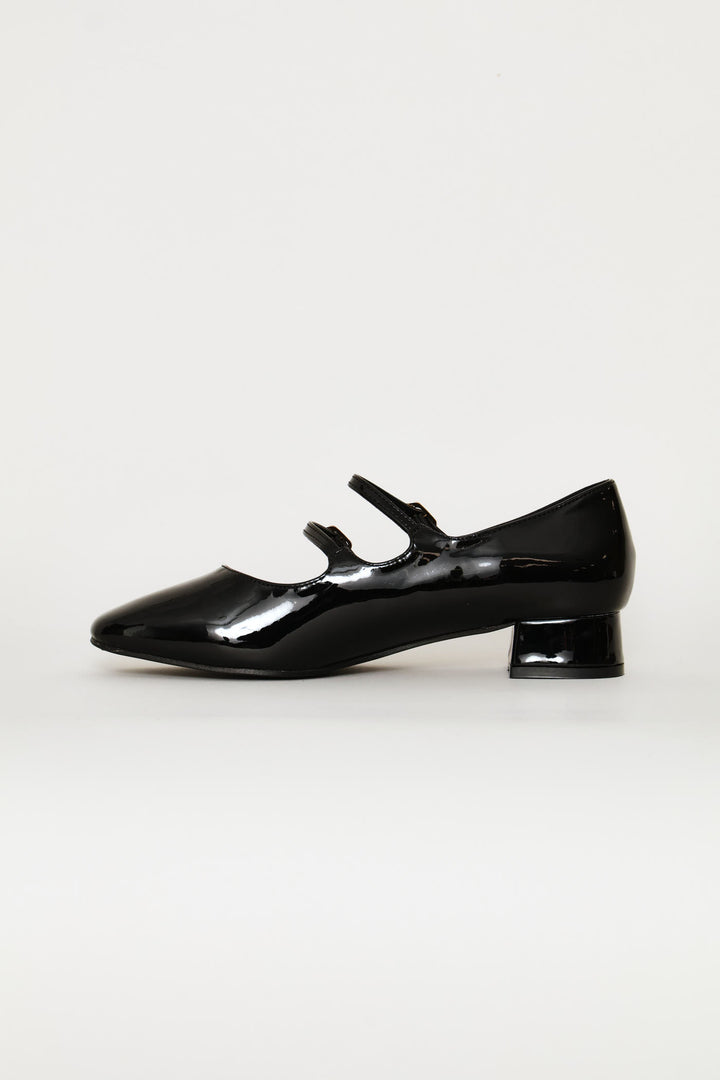 Double Strap Block Heeel Pump - Black