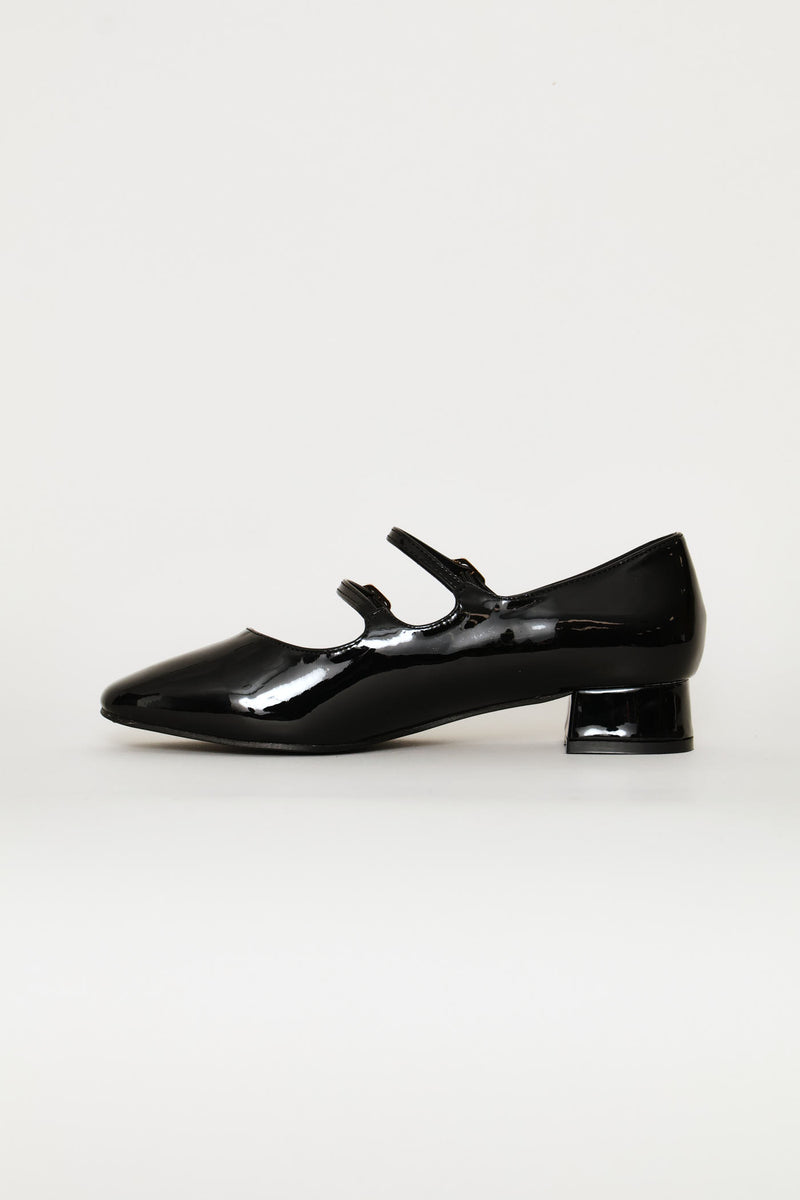 Double Strap Block Heeel Pump - Black