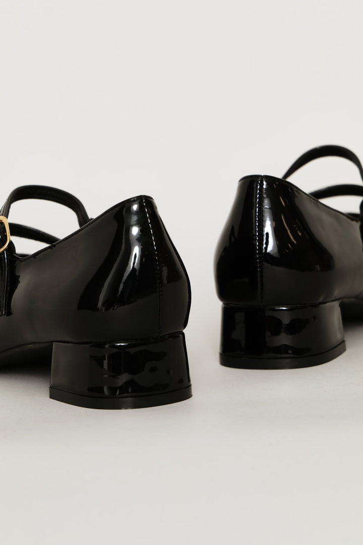 Double Strap Block Heeel Pump - Black