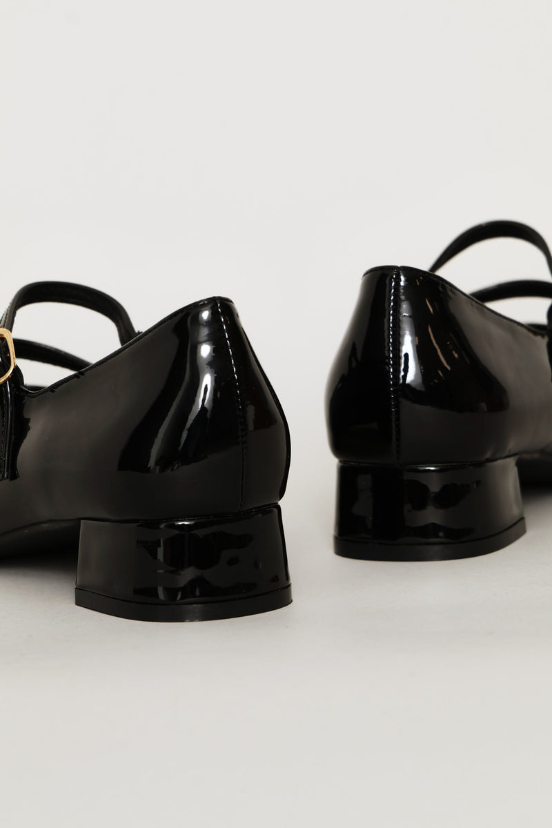 Double Strap Block Heeel Pump - Black