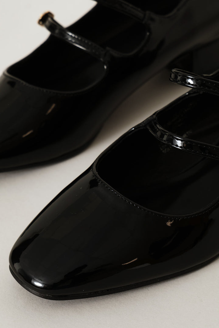 Double Strap Block Heeel Pump - Black