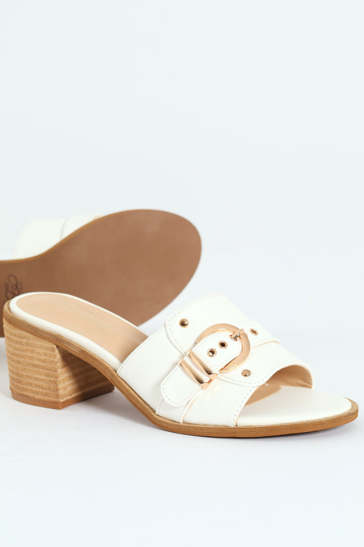 Buckle Push In Mule Block Heel - White