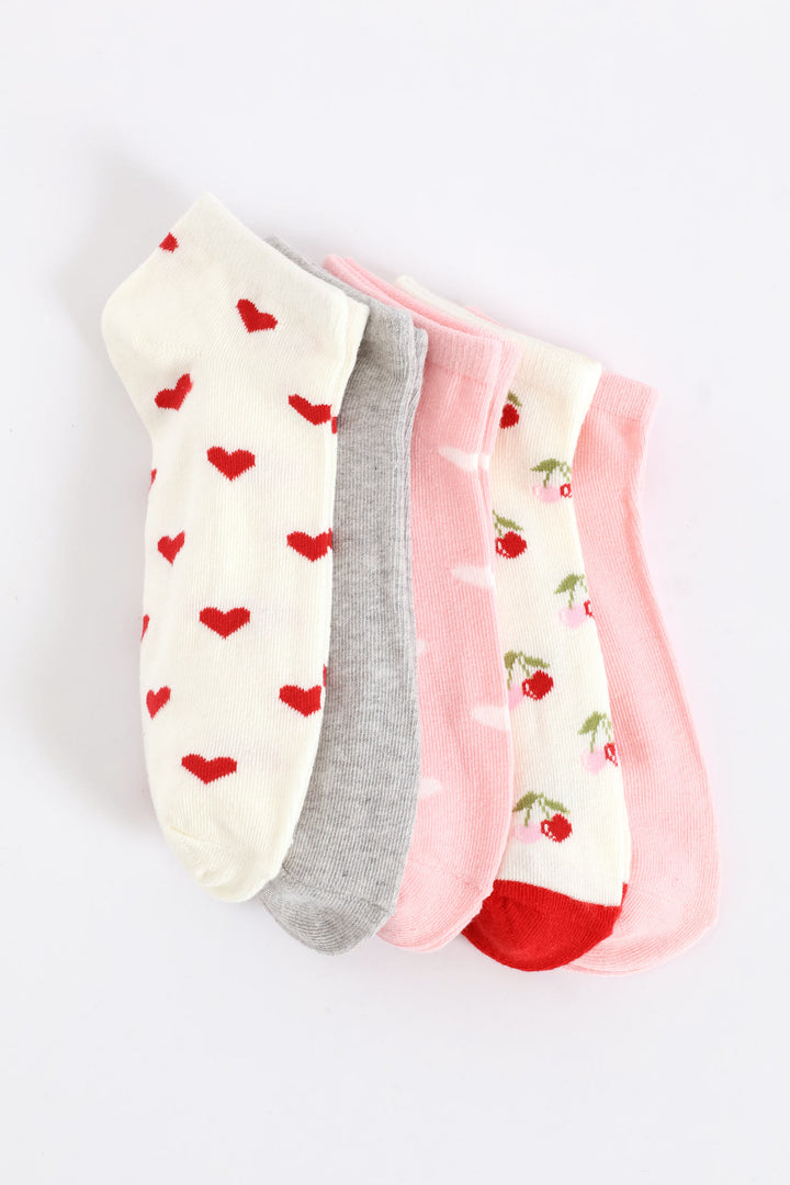 5 Pack Cherry Hearts Low Cut Socks - Multi