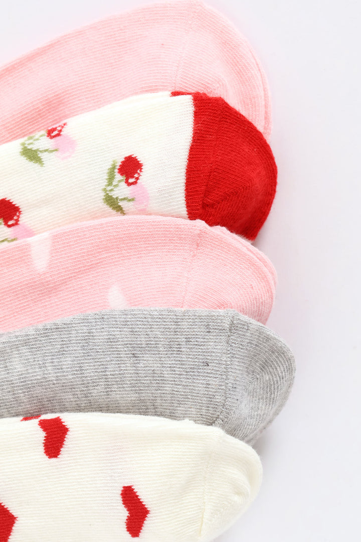 5 Pack Cherry Hearts Low Cut Socks - Multi