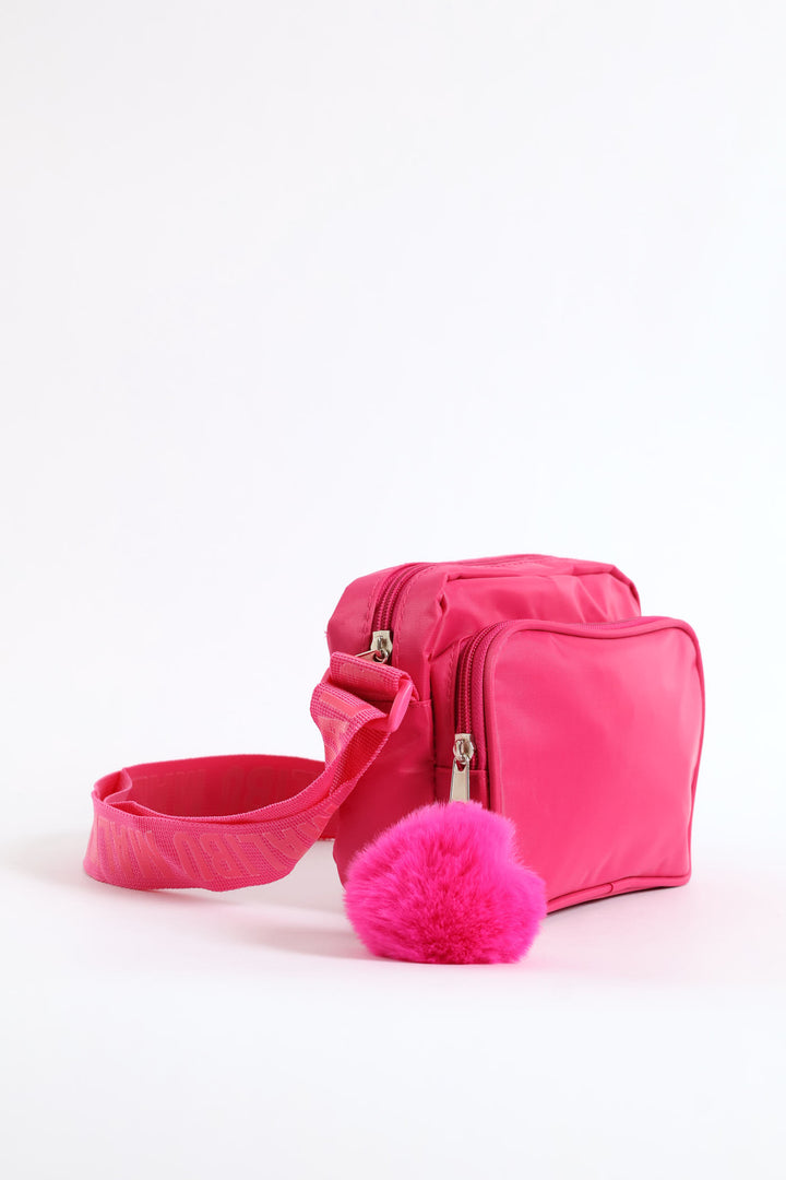 Girls Nylon Rectangle Sling Bag - Bright Pink