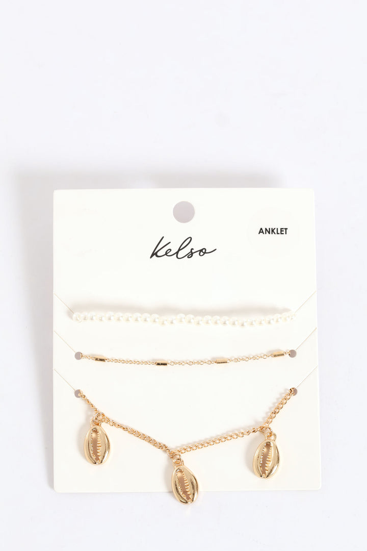 3 Pack Shell Anklet - Gold