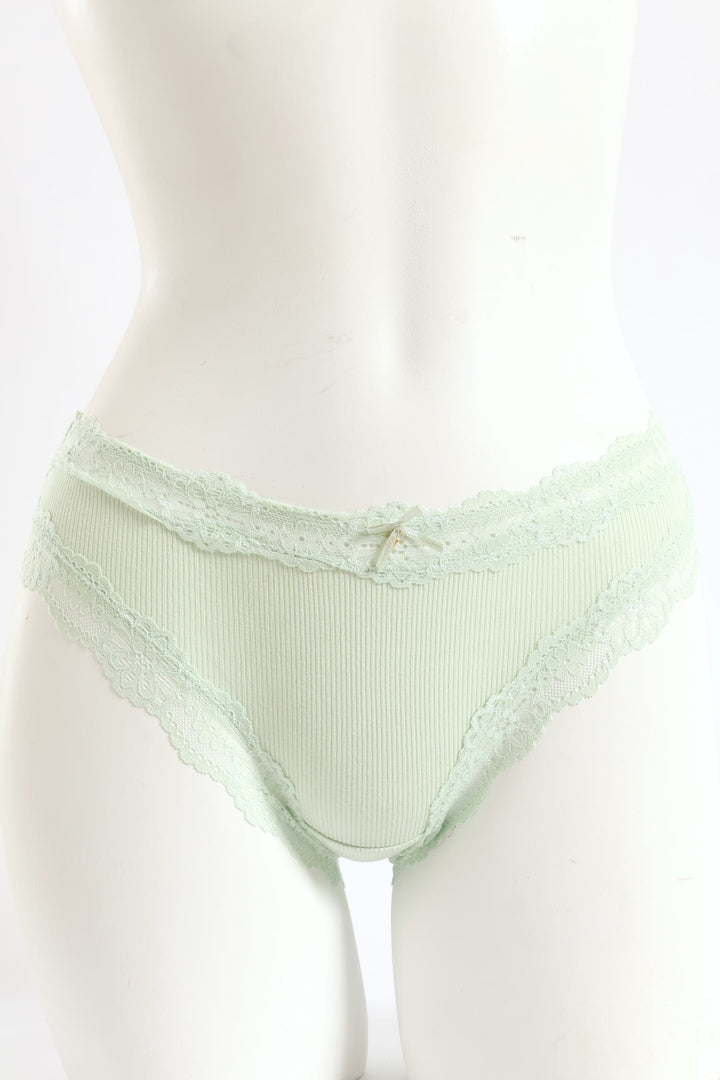 Ribbed Cotton Lace Trim Midi Panty - Sage