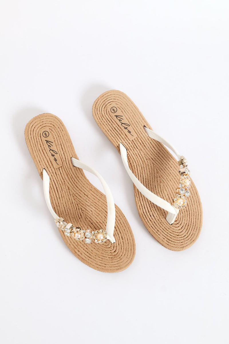 Diamante Trim Thong Sandal - White